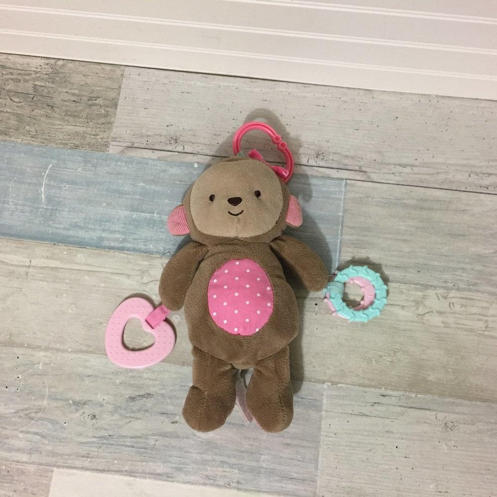 Carters Child of Mine Pink Monkey Plush 2015 Stroller Hanger Crinkle Teether